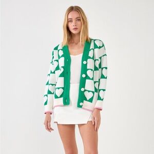 English Factory Green and White Heart Knit Jacquard Cardigan - Size XS
